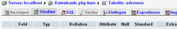 phpmyadmin leiste